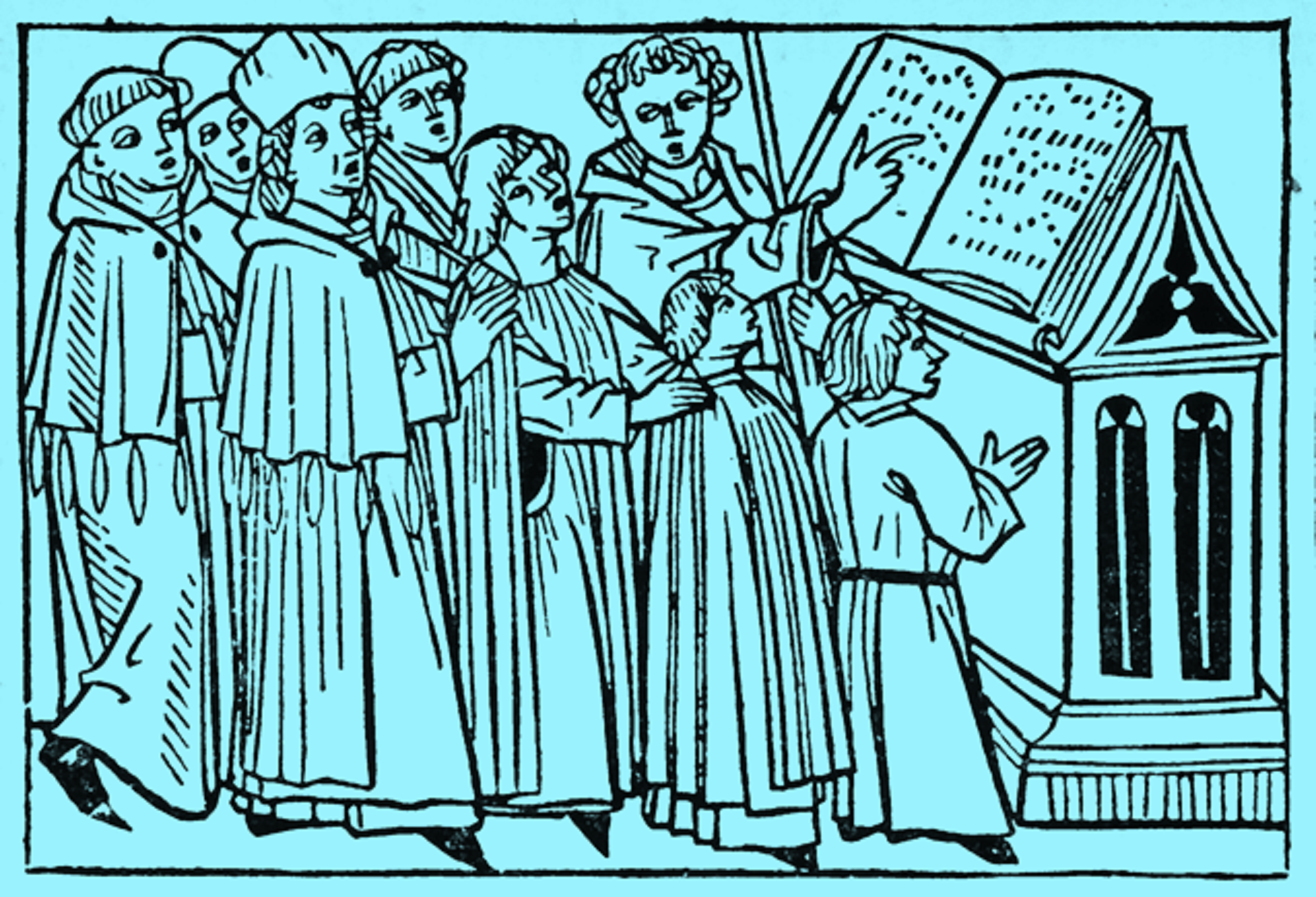 La presencia de los coros de música, fue una tradición occidental, en concreto de la Iglesia católica. Coro medieval (1479), xilografía. Museo Metropolitano de Arte.